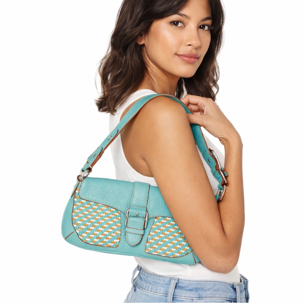 MICHAEL Michael Kors Turquoise Leather Flap Woven Details Pochette Shoulder Bag